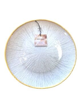 Set of 2 Pearl Look Handcrafted Glass Salad Plates Gold Rim 8.25” Made in Turkey
